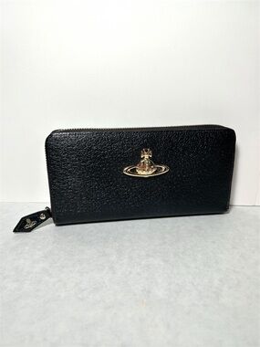 Vivienne Westwood Black Zip-Around Cont. Leather Wallet with Gold Orb Logo EUC